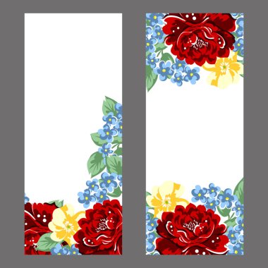 Vintage tarzı süslü çiçek kartı. Renkli çiçek öğeleri