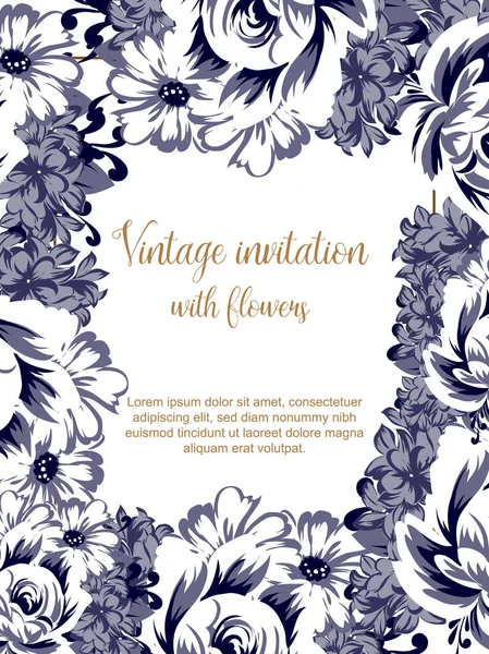 Vintage Tarzı Süslü Çiçek Düğün Kartı Kontur Çiçek Öğeleri — Stok Vektör