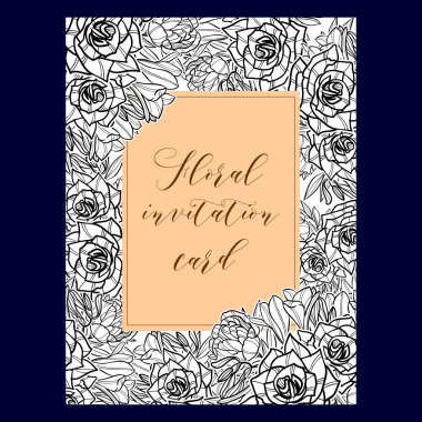 Vintage tarzı süslü çiçek düğün kartı. Kontur çiçek öğeleri