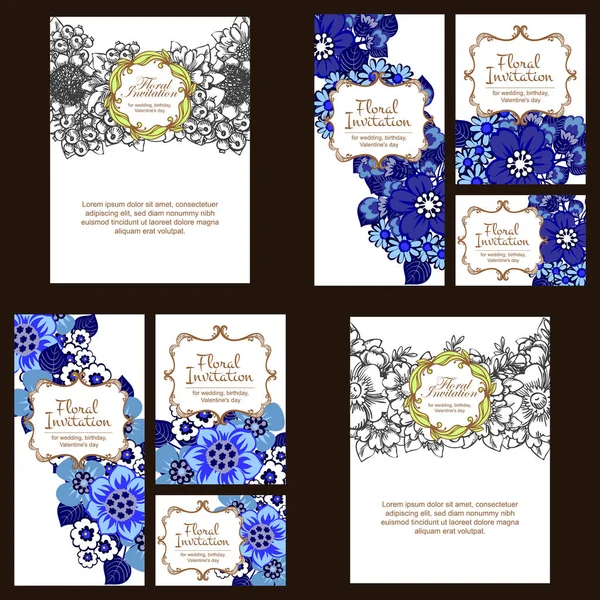 Conjunto Tarjetas Boda Flores Estilo Vintage Elementos Marcos Florales — Vector de stock