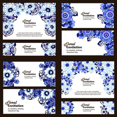 Klasik çiçek düğün kartları seti. Çiçek elementleri ve çerçeveleri.