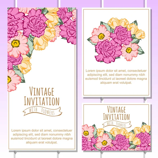 Vintage Style Flower Wedding Cards Set Floral Elements Color — Stock Vector