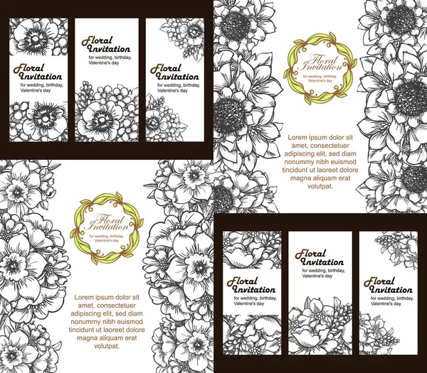 Conjunto Tarjetas Boda Flores Estilo Vintage Elementos Marcos Florales — Vector de stock