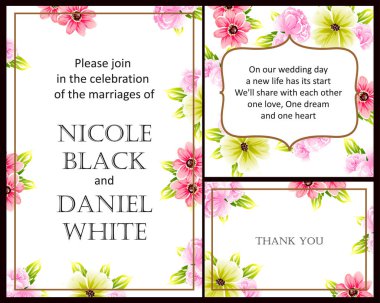 Vintage style flower wedding card. Floral elements in color clipart