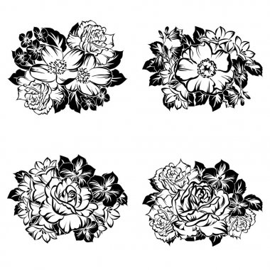 Beyaz arka plan üzerinde izole dört süslü çiçek buketleri kümesi