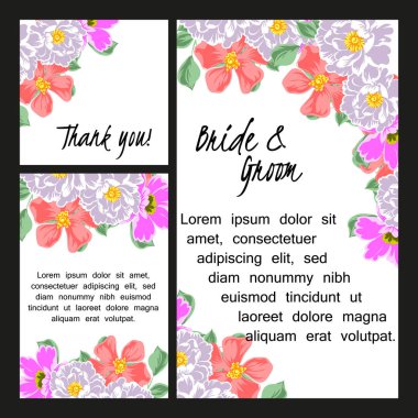 Vintage tarzı çiçek düğün kartı. Renkli çiçek öğeleri