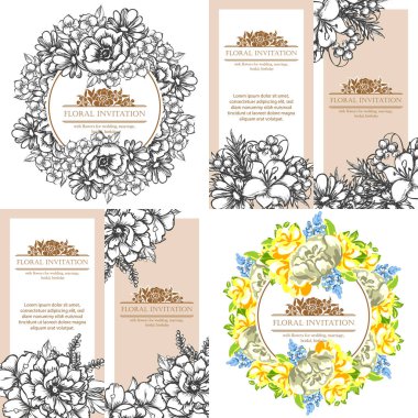 Klasik çiçek düğün kartları seti. Çiçek renginde elementler
