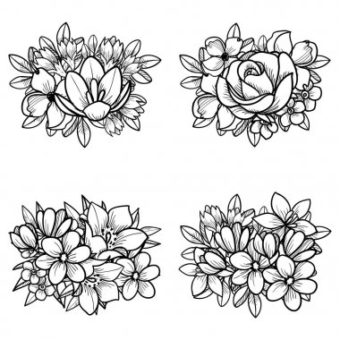 Beyaz arka plan üzerinde izole dört süslü çiçek buketleri kümesi