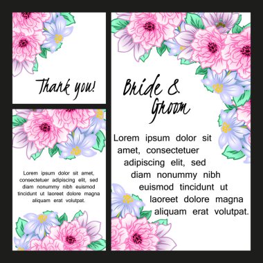 Vintage tarzı süslü çiçek düğün kartı. Renkli çiçek öğeleri