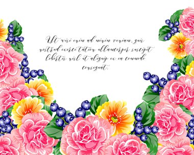 Vintage tarzı süslü çiçek kartı. Renkli çiçek öğeleri