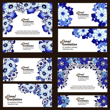 Klasik çiçek düğün kartları seti. Çiçek elementleri ve çerçeveleri.