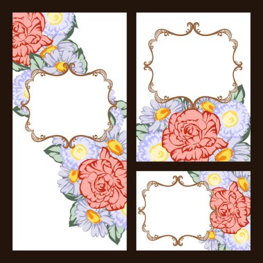 Klasik çiçek düğün kartları seti. Çiçek renginde elementler