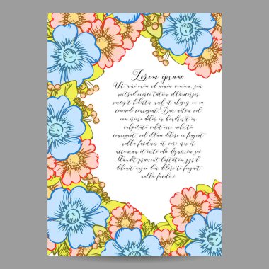 Vintage tarzı süslü çiçek kartı. Renkli çiçek öğeleri