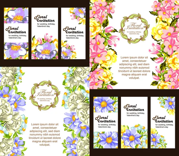 Vintage Stylu Zestaw Kart Ślubnych Kwiat Elementy Kwiatowe Kolorze — Wektor stockowy