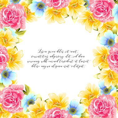 Vintage tarzı süslü çiçek kartı. Renkli çiçek öğeleri