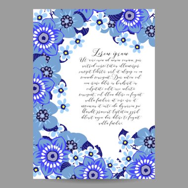 Vintage tarzı süslü çiçek düğün kartı. Kontur çiçek öğeleri