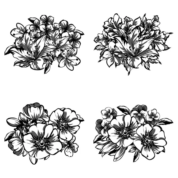 Készlet Ból Négy Díszes Virág Csokrok Elszigetelt Fehér Background — Stock Vector