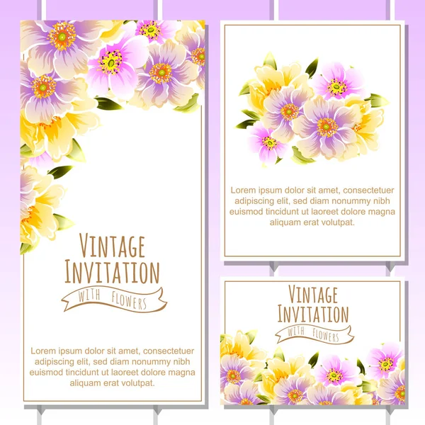 Vintage Style Flower Wedding Cards Set Floral Elements Color — Stock Vector