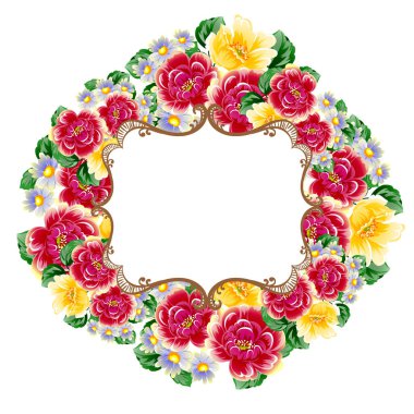 Vintage tarzı süslü çiçek kartı. Renkli çiçek öğeleri