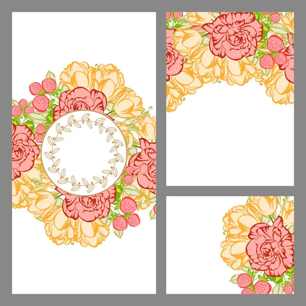 老式花式婚礼卡套装 色彩中的花卉元素 — 图库矢量图片