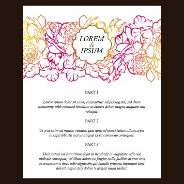 Vintage tarzı süslü çiçek düğün kartı. Kontur çiçek öğeleri