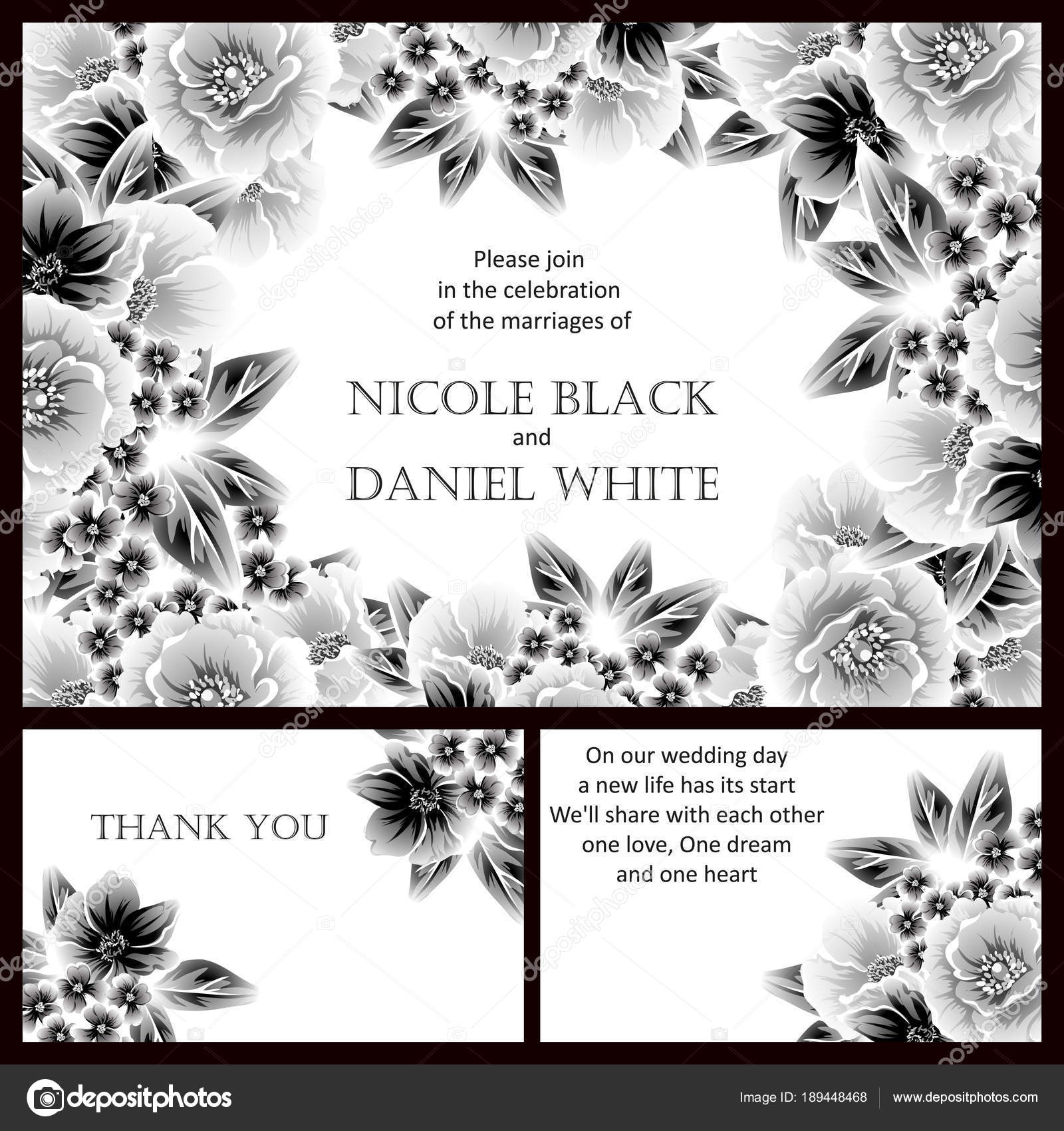 Vintage Style Flower Wedding Cards Set Floral Elements Frames Stock