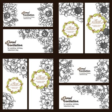 Klasik çiçek düğün kartları seti. Çiçek elementleri ve çerçeveleri.
