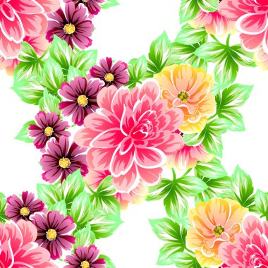 Beyaz arka plan üzerinde renkli çiçek vintage tarzı desen