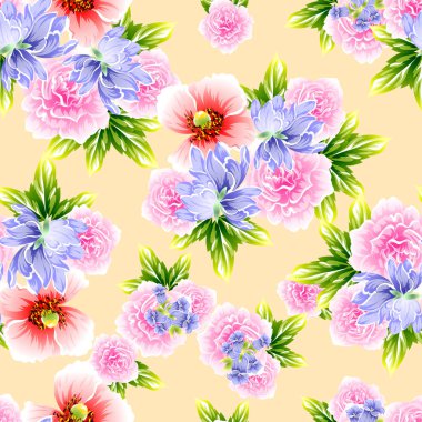 Sarı arka plan üzerinde renkli çiçek vintage tarzı desen