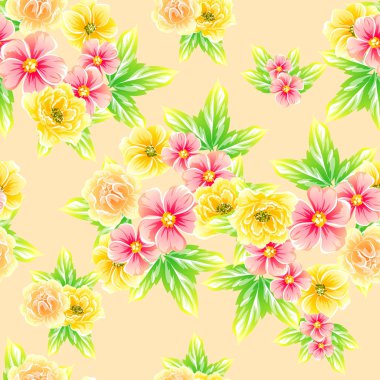 Sarı arka plan üzerinde renkli çiçek vintage tarzı desen