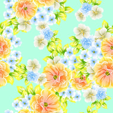 Turkuaz arka plan üzerinde renkli çiçek vintage tarzı desen