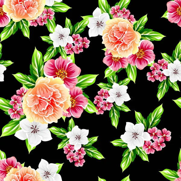 Bunte Florale Vintage Stil Muster Auf Schwarzem Hintergrund — Stockvektor