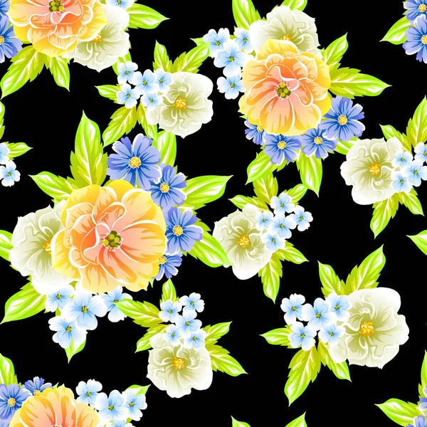 Kleurrijke Bloemen Vintage Stijl Patroon Zwarte Achtergrond — Stockvector