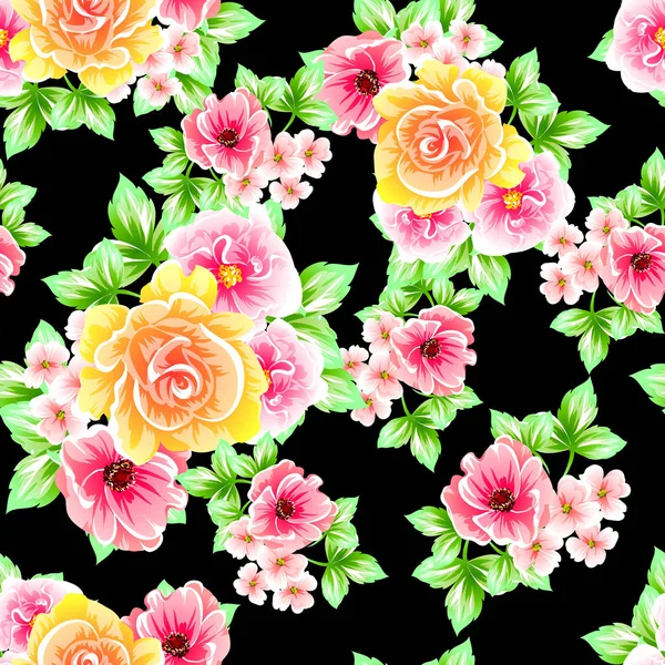 Modèle Vintage Floral Coloré Sur Fond Noir — Image vectorielle