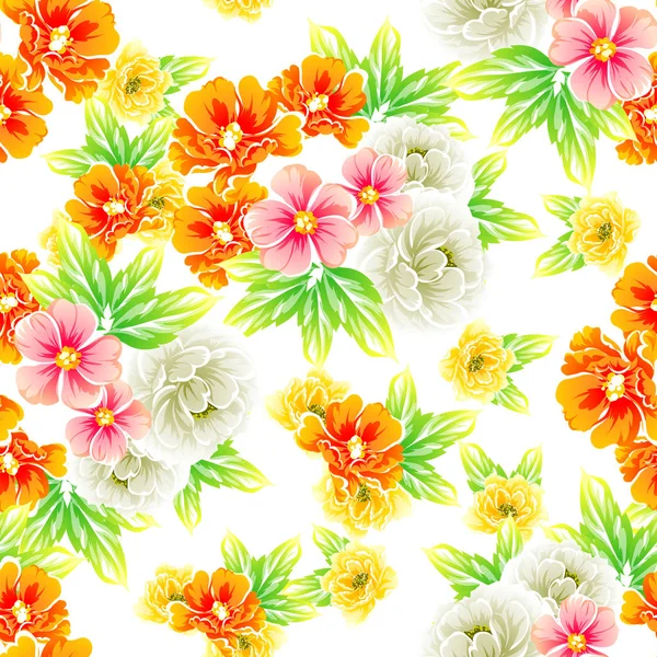 白地にカラフルな花のヴィンテージ スタイル パターン — ストックベクタ