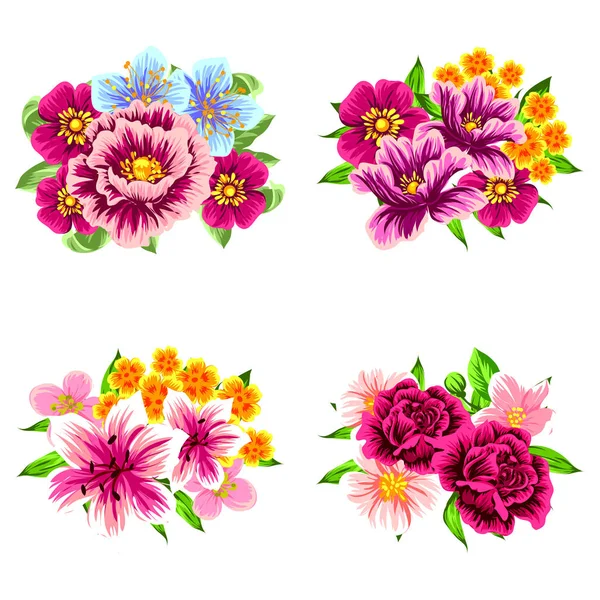 Beyaz Arka Plan Üzerinde Izole Dört Renkli Çiçek Buketleri Kümesi — Stok Vektör