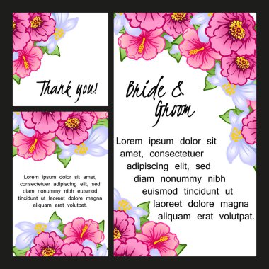 Klasik çiçek düğün kartları seti. Çiçek renginde elementler