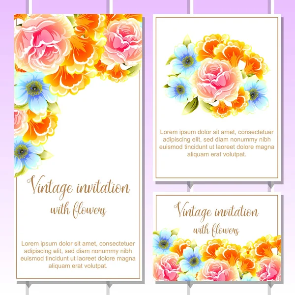 Conjunto Tarjetas Boda Flores Estilo Vintage Elementos Florales Color — Vector de stock