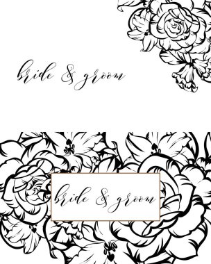 Vintage tarzı süslü çiçek düğün kartı. Kontur çiçek öğeleri