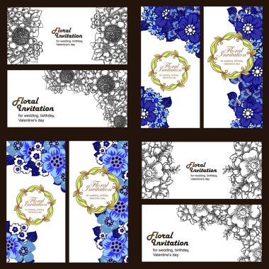 Klasik çiçek düğün kartları seti. Çiçek elementleri ve çerçeveleri.
