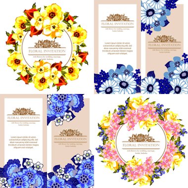 Klasik çiçek düğün kartları seti. Çiçek renginde elementler