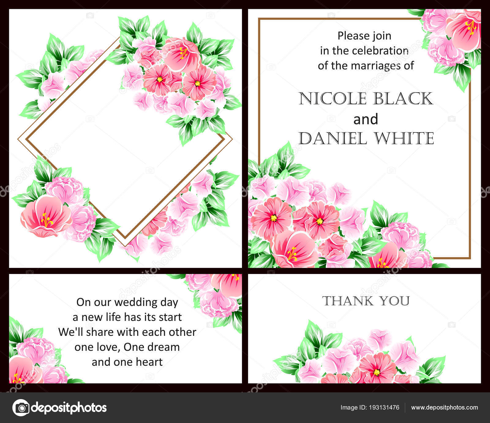 Vintage Style Flower Wedding Cards Set Floral Elements Color Stock