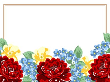 Vintage tarzı süslü çiçek kartı. Renkli çiçek öğeleri