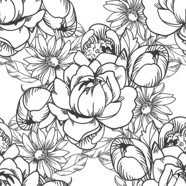 Sorunsuz vintage tarzı çiçek deseni. Kontur çiçek öğeleri