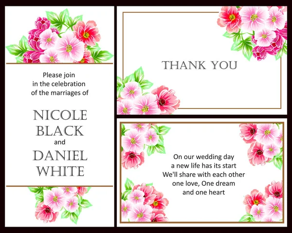 Conjunto Tarjetas Boda Flores Estilo Vintage Elementos Florales Color — Vector de stock