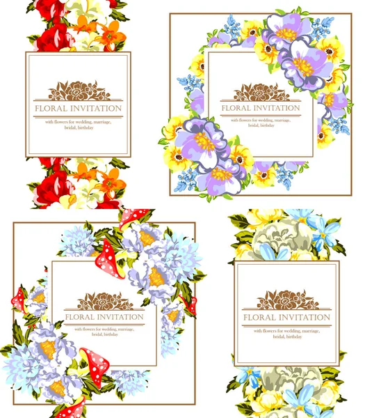 Vintage Stijl Bloem Bruiloft Kaarten Set Bloemenelementen Kleur — Stockvector