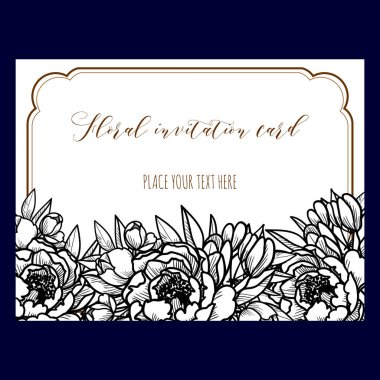 Vintage tarzı süslü çiçek düğün kartı. Kontur çiçek öğeleri