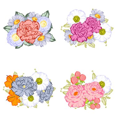 Beyaz arka plan üzerinde izole dört renkli çiçek buketleri kümesi