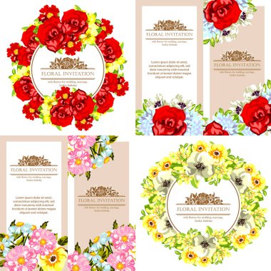 Klasik çiçek düğün kartları seti. Çiçek renginde elementler