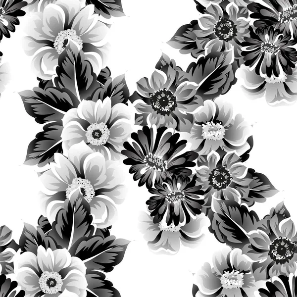 Seamless Vintage Style Flower Pattern Floral Elements Contour — Stock Vector